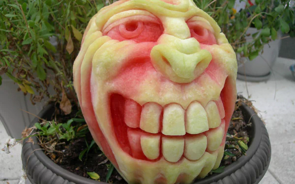Close-up of a carved watermelon face with exaggerated teeth and eyes, food carving displayed as a 2K Quad HD PC desktop wallpaper and background.