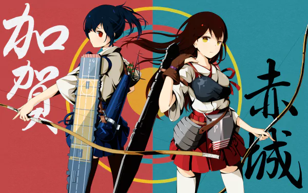 Anime-style HD wallpaper featuring Akagi with red eyes and brown hair, and Kaga with blue hair and yellow eyes, both depicted as woman warriors with bows from Kantai Collection.