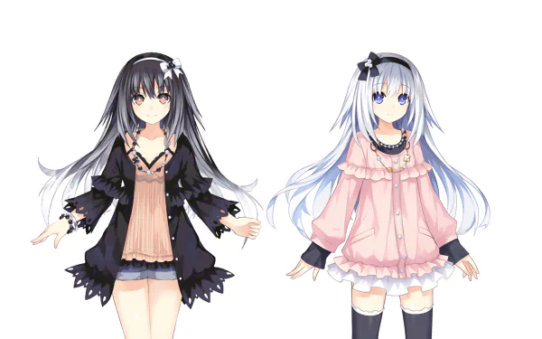 Anime characters Marina and Maria Arusu from Date A Live are depicted in an HD wallpaper, showcasing their unique styles with contrasting outfits and hair colors.