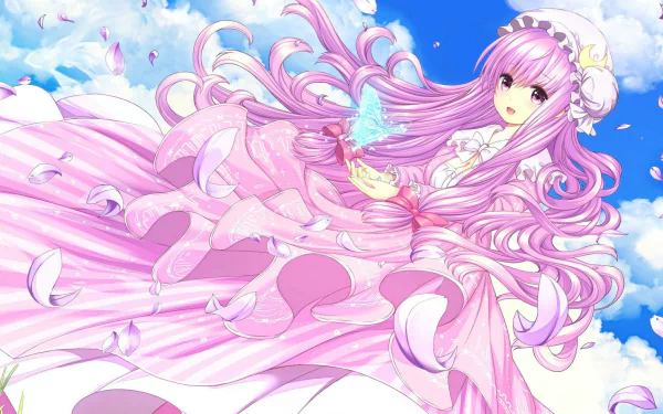 HD anime wallpaper featuring cute Patchouli Knowledge from Touhou with flowing pink hair and dress against a bright blue sky and pastel butterflies.