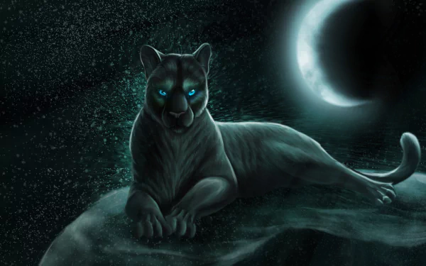 A mystical black panther with glowing blue eyes lounges against a starry night sky, illuminated by soft moonlight, creating a captivating fantasy scene.