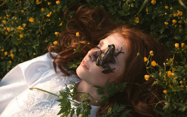 Women Mood Model Sleeping Redhead Frog Yellow Flower HD Wallpaper | Background Image
