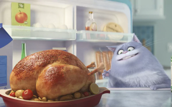 A vibrant HD wallpaper from The Secret Life of Pets, featuring a fluffy gray cat excitedly eyeing a perfectly roasted turkey in a bright kitchen setting.