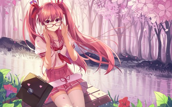 Anime Vocaloid Sakura Miku Twintails School Uniform Skirt Pink Hair Long Hair Pink Eyes Petal Forest HD Wallpaper | Background Image
