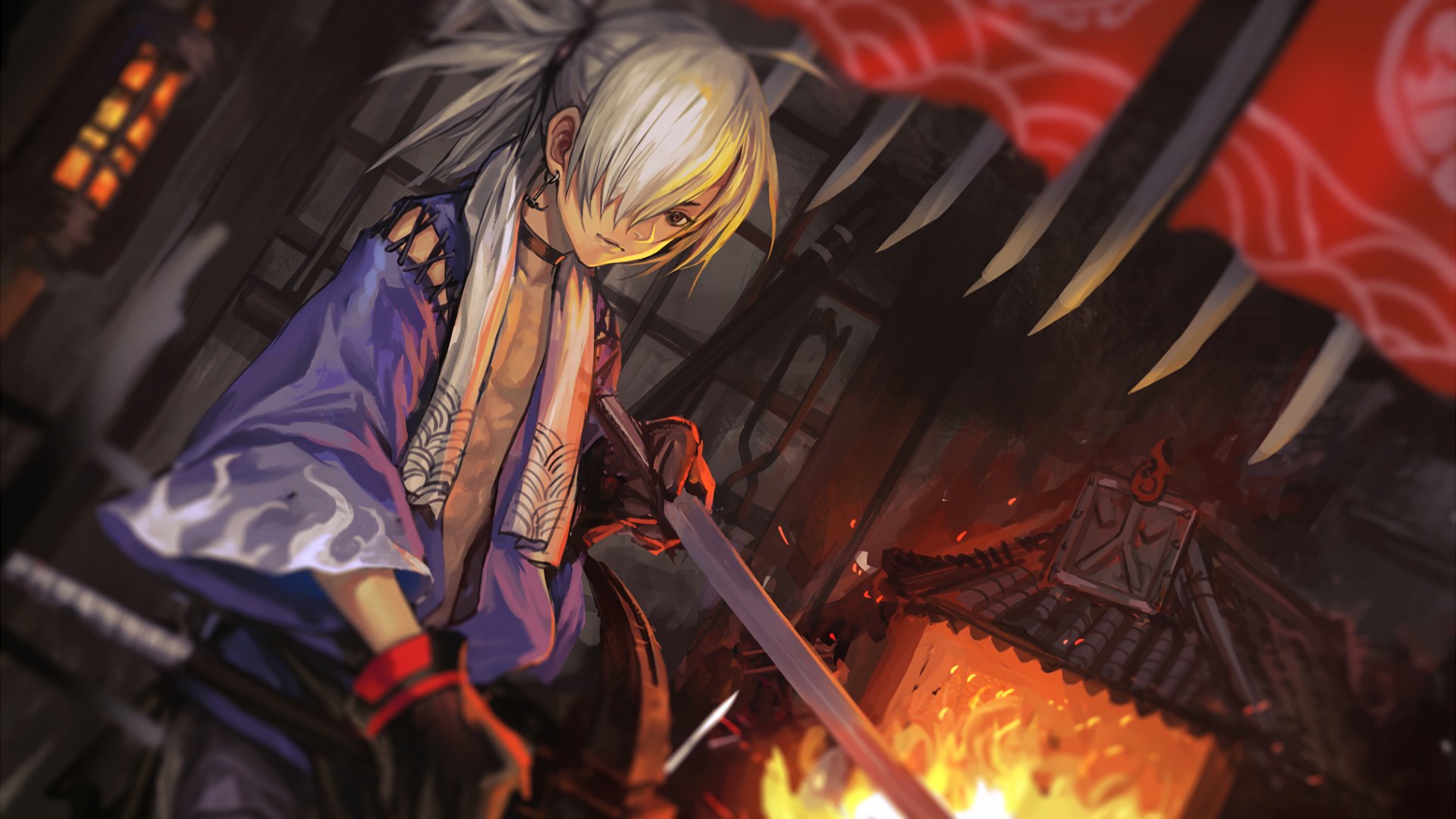 Anime-style blacksmith forging a sword by a glowing forge, inspired by Pixiv Fantasia T, rendered as a detailed HD PC desktop wallpaper background.