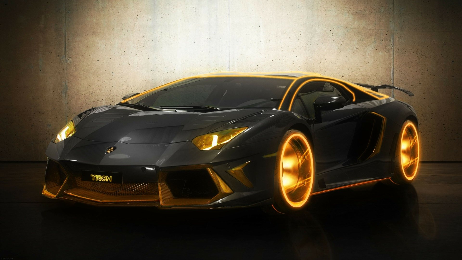 A sleek black Lamborghini Aventador with glowing orange accents posed against a textured backdrop, showcased as a striking 4K Ultra HD desktop wallpaper.