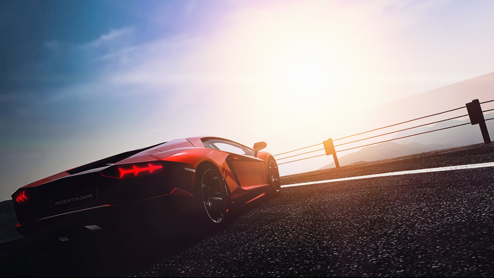 A sleek red Lamborghini Aventador LP 700-4 speeding on an open road at sunset, captured in stunning 4K Ultra HD for a dynamic PC desktop wallpaper.