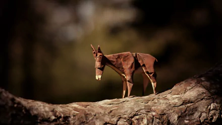 A man-made origami donkey stands on a tree branch with a soft bokeh background, captured in 4K Ultra HD for a detailed desktop wallpaper.