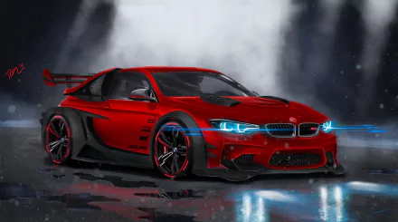 HD desktop wallpaper featuring a stunning red tuned BMW M4 with sleek modifications, glowing blue headlights, and a dramatic dark and misty background.