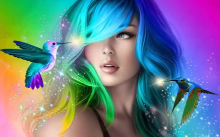 A vibrant HD wallpaper featuring a woman with colorful blue and green hair, sparkling accents, and blue eyes, surrounded by playful hummingbirds against a purple and blue background.