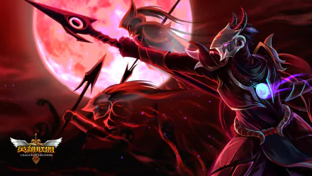 HD PC desktop wallpaper featuring Azir from the video game League of Legends, set against a striking red moon background with dynamic action pose and glowing effects.