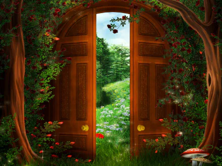 A magical wooden door opens from a lush, green forest filled with grass, flowers, mushrooms, and towering trees, creating a vibrant fantasy HD desktop wallpaper.
