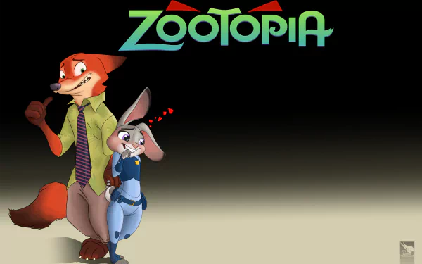 HD desktop wallpaper featuring Nick Wilde and Judy Hopps from the movie Zootopia, showcasing their charming personalities against a stylish background.