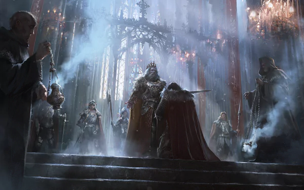 HD desktop wallpaper featuring a fantasy scene of a knight being knighted in ornate armor, surrounded by warriors amidst smoke in a grand, medieval setting.