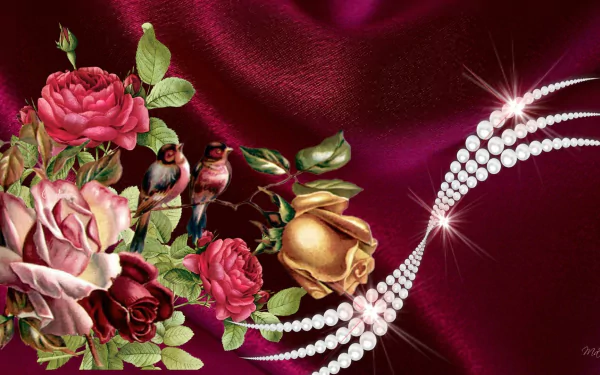 A vintage artistic collage featuring birds perched among vibrant roses and a golden flower, accented by a sparkling pearl necklace on a rich burgundy background.