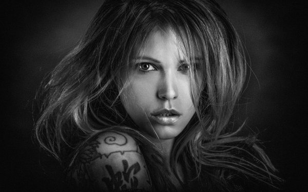 Women Model Face Hair Tattoo Black & White HD Wallpaper | Background Image
