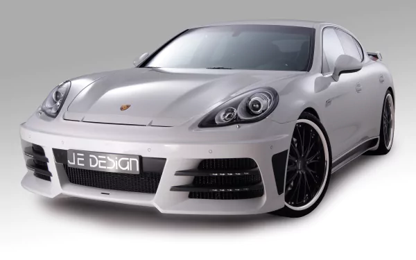 White Porsche Panamera sports car showcased in crisp 4K Ultra HD, serving as a sleek and stylish PC desktop wallpaper and background.