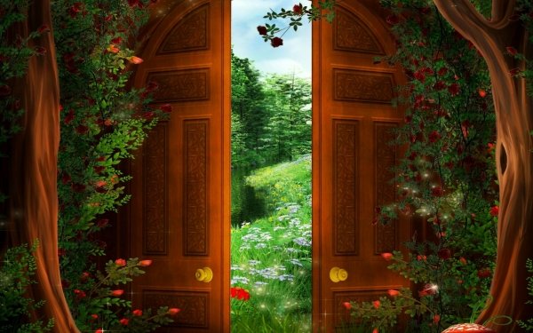 Fantasy Artistic Door Magical Flower Grass Green Tree Mushroom HD Wallpaper | Background Image