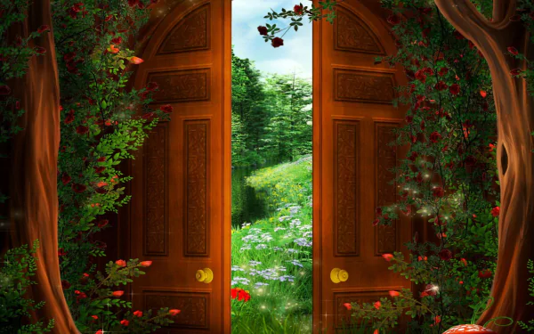 A magical wooden door opens from a lush, green forest filled with grass, flowers, mushrooms, and towering trees, creating a vibrant fantasy HD desktop wallpaper.