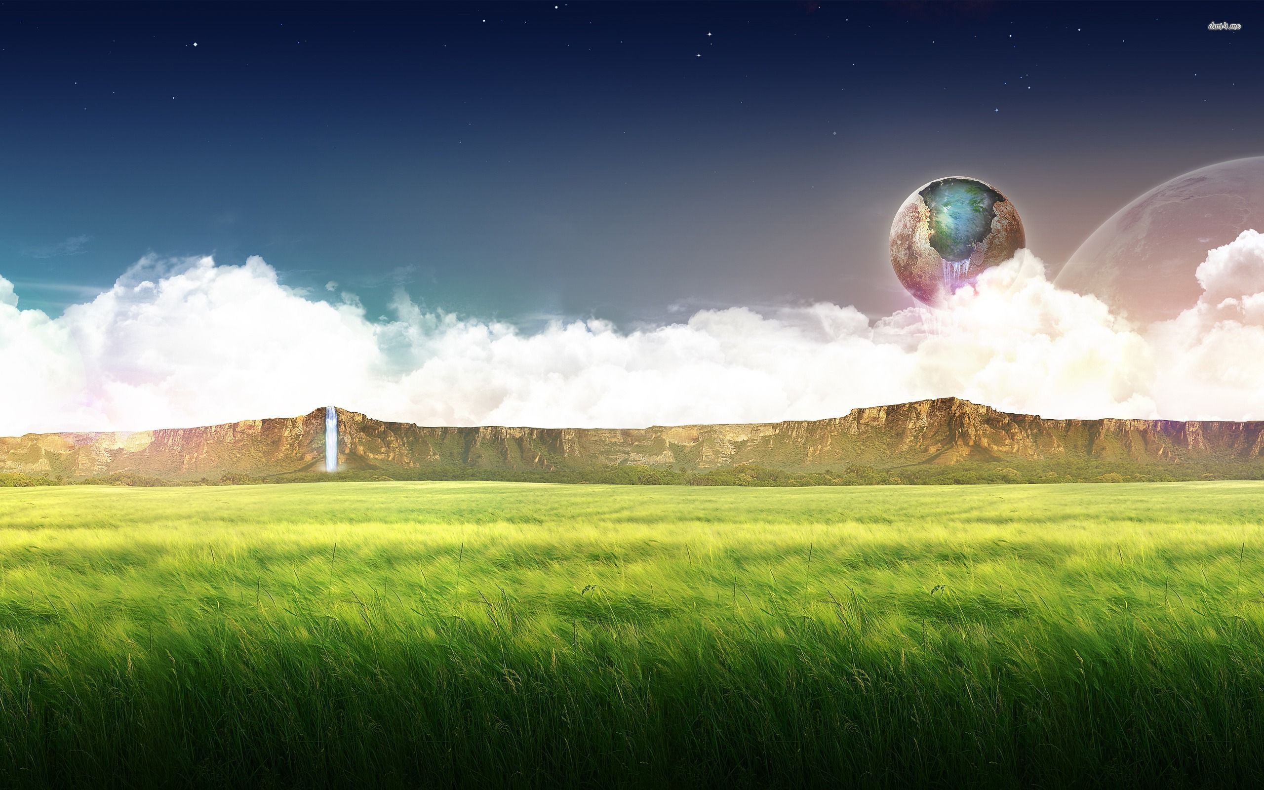 Fantasy world with fields and two moons