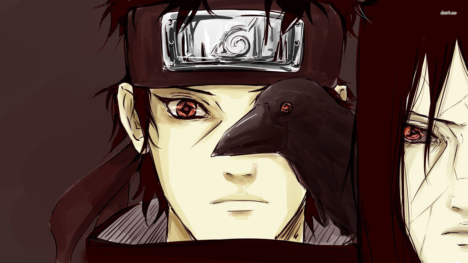 A striking HD wallpaper featuring Itachi Uchiha from the anime Naruto, showcasing his intense gaze and a crow perched near him, set against a dark background.