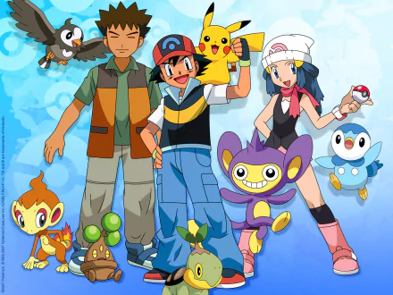 A vibrant HD wallpaper featuring Ash Ketchum, Brock, and Dawn with Pikachu, Piplup, Chimchar, Bonsly, Aipom, and Starly, celebrating the Pokémon world in an anime style.