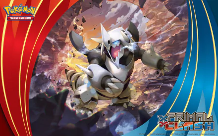 HD PC desktop wallpaper featuring Aggron from Pokémon, showcasing dynamic anime-style artwork with vibrant colors and the Pokémon Trading Card Game: Prisma Clash branding.