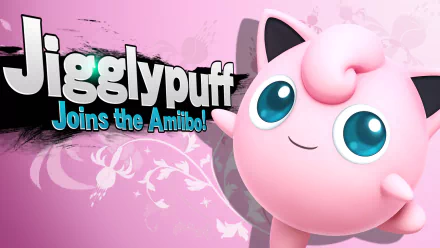 HD desktop wallpaper featuring Jigglypuff from Pokémon, themed around Super Smash Bros. for Nintendo 3DS and Wii U with the text Jigglypuff Joins the Amiibo!