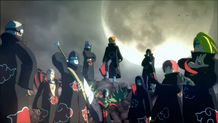 HD desktop wallpaper featuring Orochimaru, Pain, Konan, Kisame Hoshigaki, Kakuzu, Hidan, Deidara, Sasori, Itachi Uchiha, and the Akatsuki group from Naruto Shippuden: Ultimate Ninja Storm 4, standing under a glowing moon.