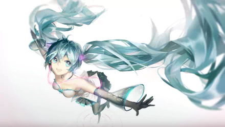 A vibrant 4K Ultra HD wallpaper featuring Hatsune Miku, the iconic Vocaloid character, depicted with flowing teal hair and a dynamic pose in an anime style.