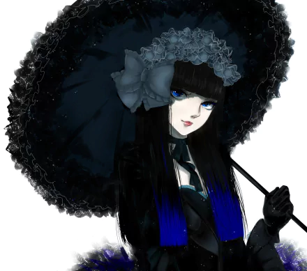 Anime girl with long black hair and striking blue eyes, holding a decorative black umbrella. This HD wallpaper features an elegant and captivating character design.