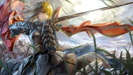 HD wallpaper featuring Saber from Fate/Stay Night, a blonde woman warrior in armor, wielding a sword, set against a dynamic battlefield background.