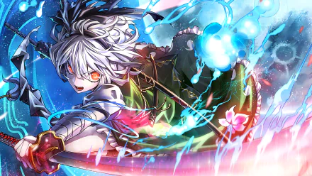 HD anime desktop wallpaper featuring Youmu Konpaku from Touhou, depicted in dynamic action with vibrant blue and pink energy effects.