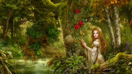 A magical forest scene with a woman in a flowing dress standing by a flower-covered tree near a serene pond, surrounded by lush greenery and mystical light.