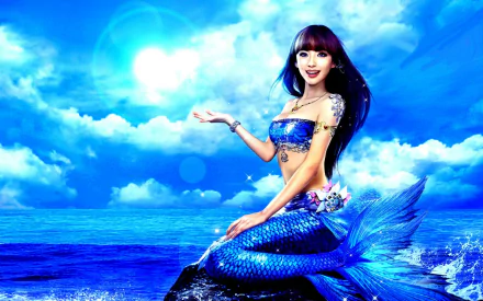 A stunning HD wallpaper featuring a fantasy mermaid against a vibrant blue sky and ocean backdrop, showcasing an enchanting blend of colors and a mythical atmosphere.