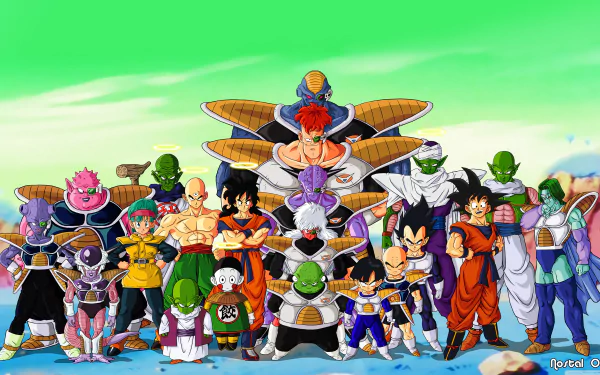 A vibrant 4K Ultra HD wallpaper featuring iconic characters from Dragon Ball Z, showcasing numerous heroes and villains in an epic anime scene.