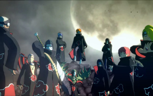 HD desktop wallpaper featuring Orochimaru, Pain, Konan, Kisame Hoshigaki, Kakuzu, Hidan, Deidara, Sasori, Itachi Uchiha, and the Akatsuki group from Naruto Shippuden: Ultimate Ninja Storm 4, standing under a glowing moon.