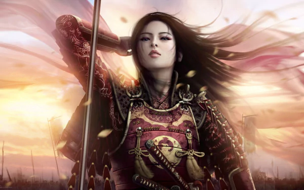 HD desktop wallpaper depicting a brunette woman warrior samurai in ornate armor, inspired by the fantasy world of Legend of the Five Rings.