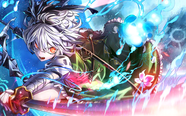 HD anime desktop wallpaper featuring Youmu Konpaku from Touhou, depicted in dynamic action with vibrant blue and pink energy effects.