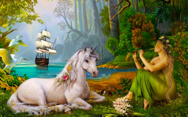 A fantasy HD wallpaper featuring a unicorn, a woman playing a flute, a sailboat, birds, and a lush forest backdrop. The serene scene blends magical elements with nature.