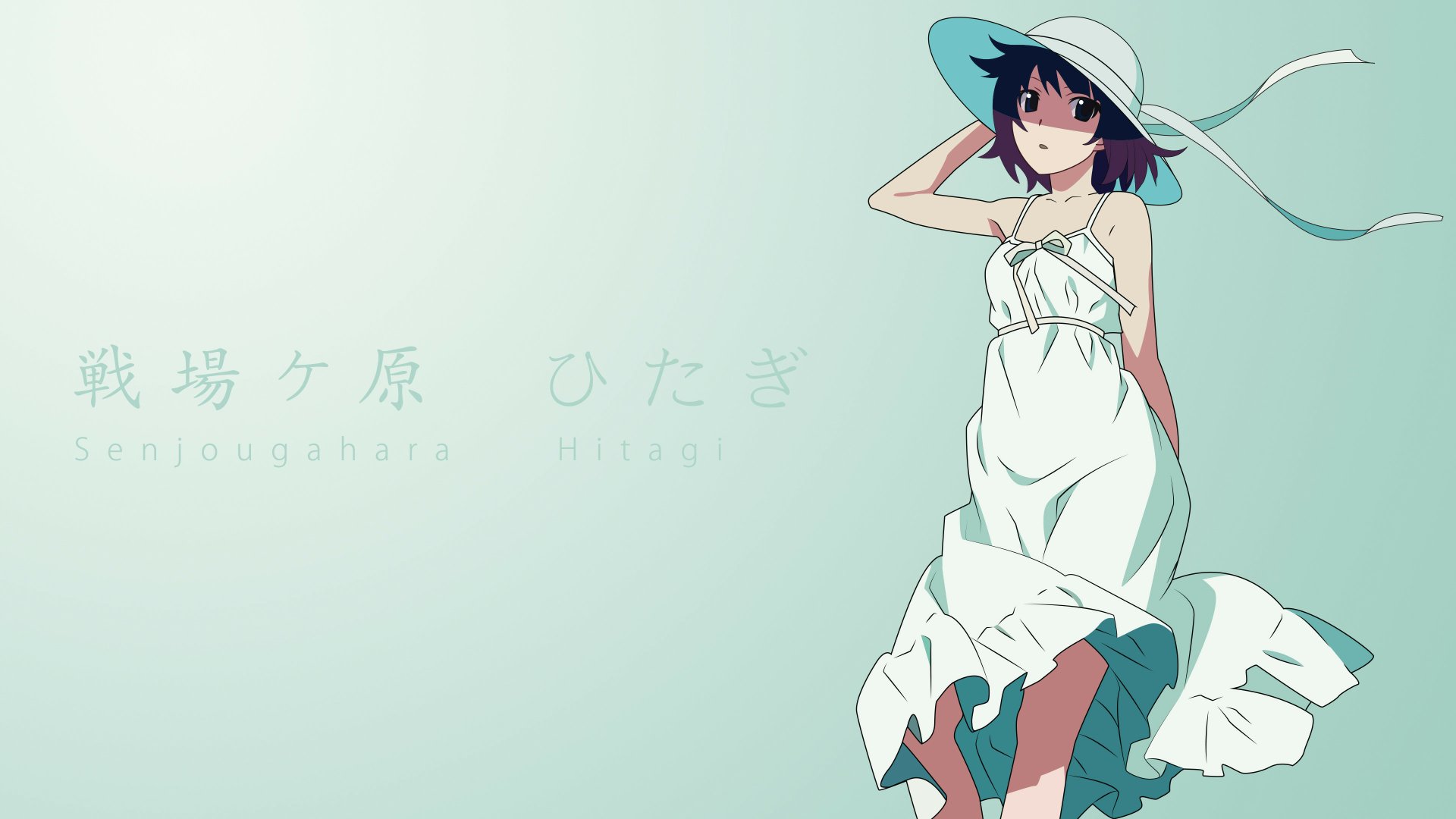 Hitagi Senjōgahara from the Monogatari series stands gracefully in a white dress and hat against a soft pastel background in this 4K Ultra HD anime desktop wallpaper.