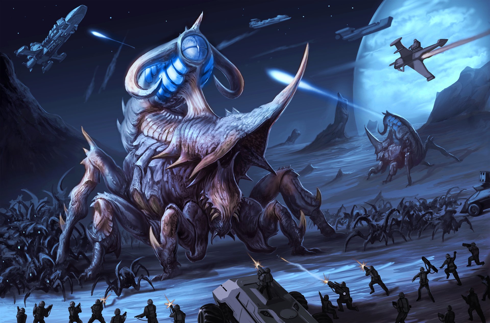 A sci-fi scene featuring a massive alien creature on a distant planet, with military soldiers engaged in battle against a backdrop of spaceships and a glowing moon.
