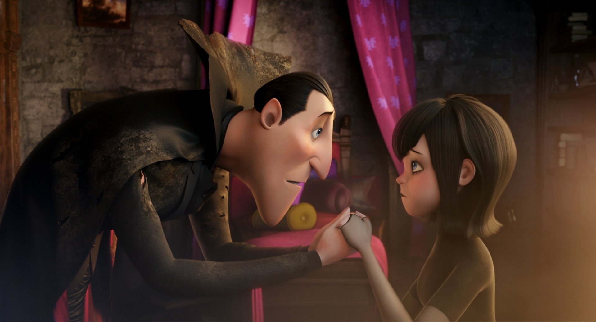 HD desktop wallpaper featuring Dracula and Mavis from the movie Hotel Transylvania, sharing a tender moment in a dimly lit room.