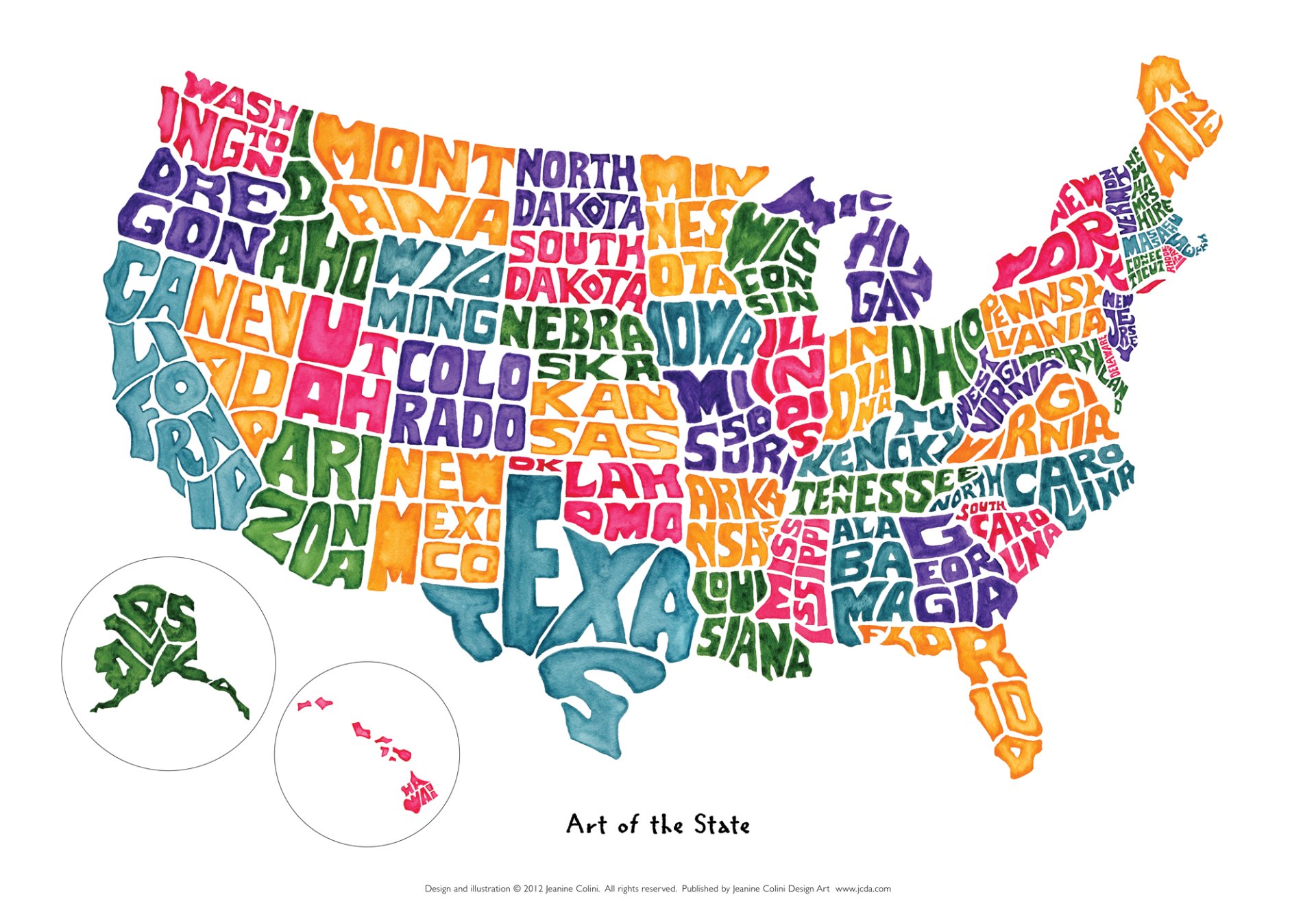 Colorful text-based HD desktop wallpaper featuring a map of the USA with state names forming their respective shapes.