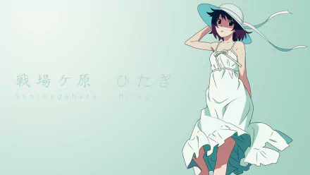 Hitagi Senjōgahara from the Monogatari series stands gracefully in a white dress and hat against a soft pastel background in this 4K Ultra HD anime desktop wallpaper.