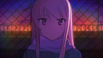 HD desktop wallpaper featuring Mashiro Shiina from the anime Sakurasou no Pet na Kanojo, with a colorful sunset backdrop against a chain-link fence.