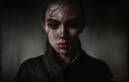 HD desktop wallpaper of an artistic painting depicting a somber individual with a sad expression, dark clothing, and damp, disheveled hair. The background is blurred and bleak.