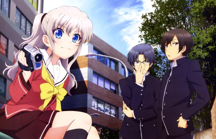 HD desktop wallpaper of anime characters Joujirou Takajou, Yū Otosaka, and Nao Tomori from Charlotte standing outdoors near a building, with Nao holding a video camera and a clear blue sky above.