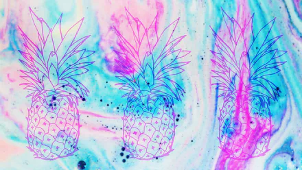 HD PC desktop wallpaper featuring a vibrant, artistic pattern of pink and blue outlined pineapples on a colorful, swirling background.