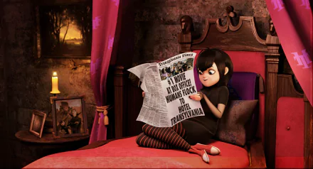 Mavis from Hotel Transylvania reading a newspaper in a cozy, dimly lit room, surrounded by charming decor. An HD wallpaper perfect for fans of the movie.